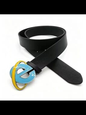 Black Leather Belt with Blue & Yellow Internet Explorer Logo Buckle